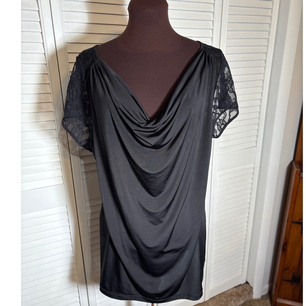 Black Drape Cowl Neck Blouse with Floral Lace Short Sleeves and Back Yoke